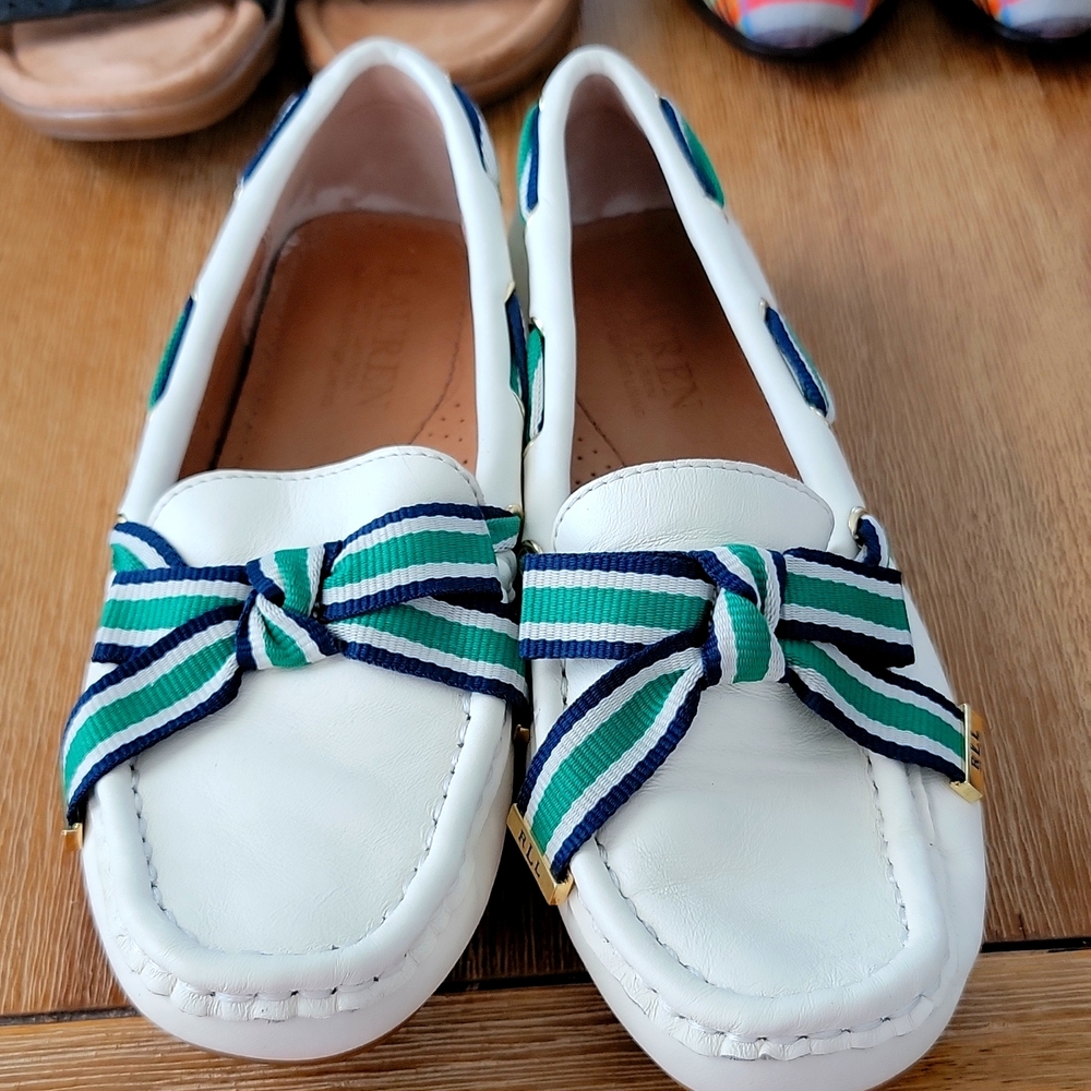 White leather loafers